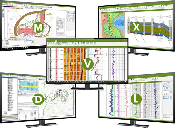 The five Neuralog Pro modules - NeuraMap, NeuraSection, NeuraView, Desktop and NeuraLog - on five monitors